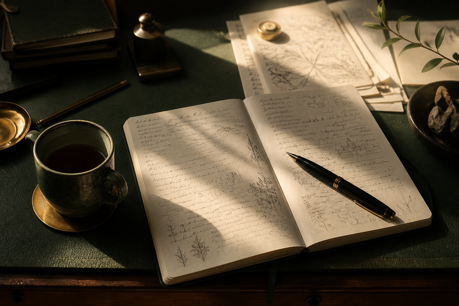 Open notebook, pen, tea, and warm light on a deep green writing table