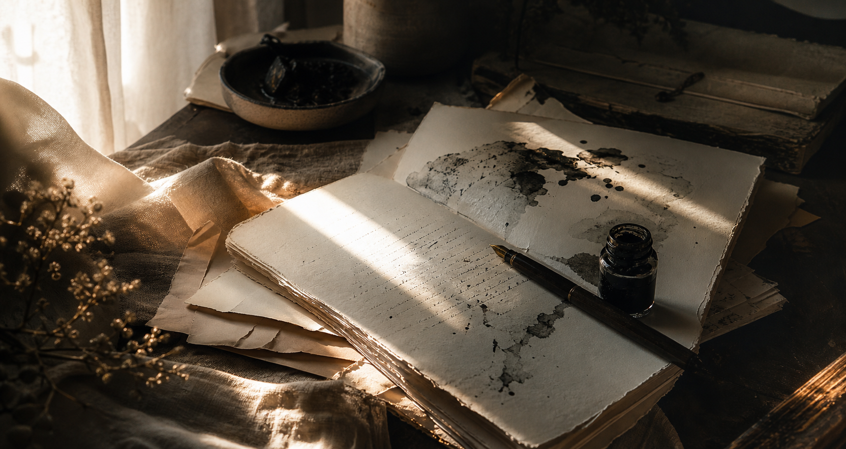 Ink-stained papers and soft light on a writing table